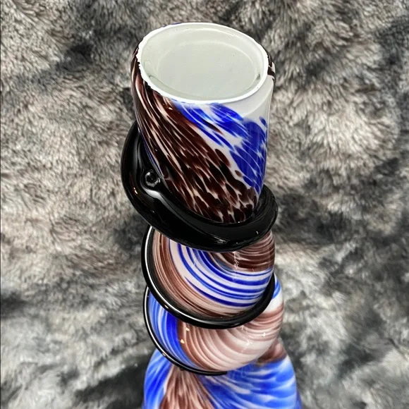 TALL Blown Glass Abstract Art
Vase Blue Brown Swirl Colors Black glass band - Picture 3 of 16